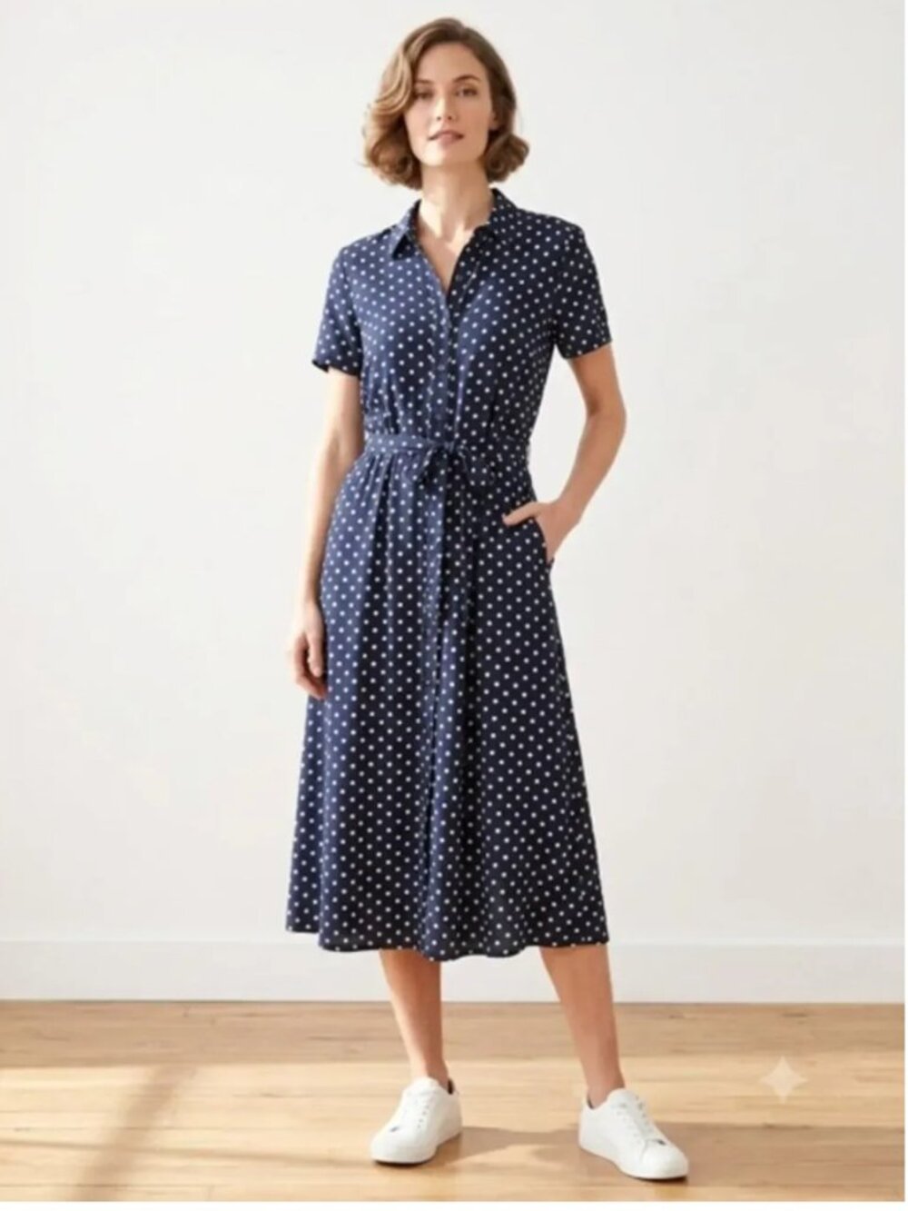 Orvis Navy Blue Polka Dot Midi Retro 80s Dress, size 12 pockets modest